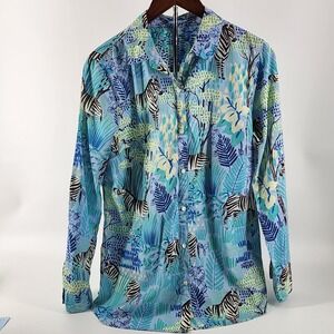 J McLaughlin Shirt Womens Large Blue Zebra Print Button Up Long Sleeve Cotton
